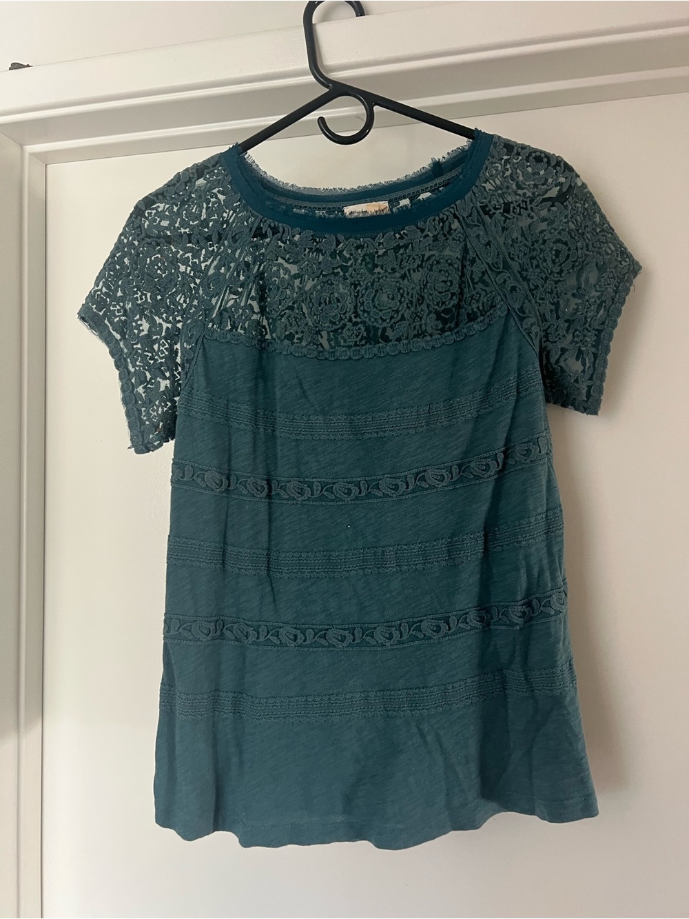 Anthropologie Teal Lace Yoke Short Sleeve Blouse